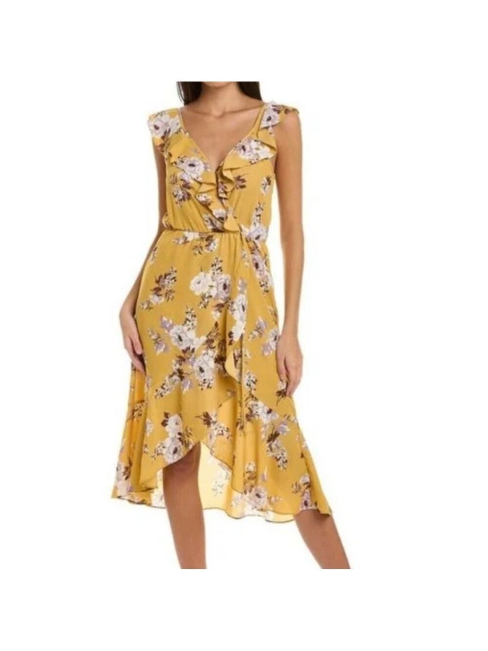 NWT Socialite Ruffle Strap Faux Wrap Midi Dress Size L High Low Hem Floral Print